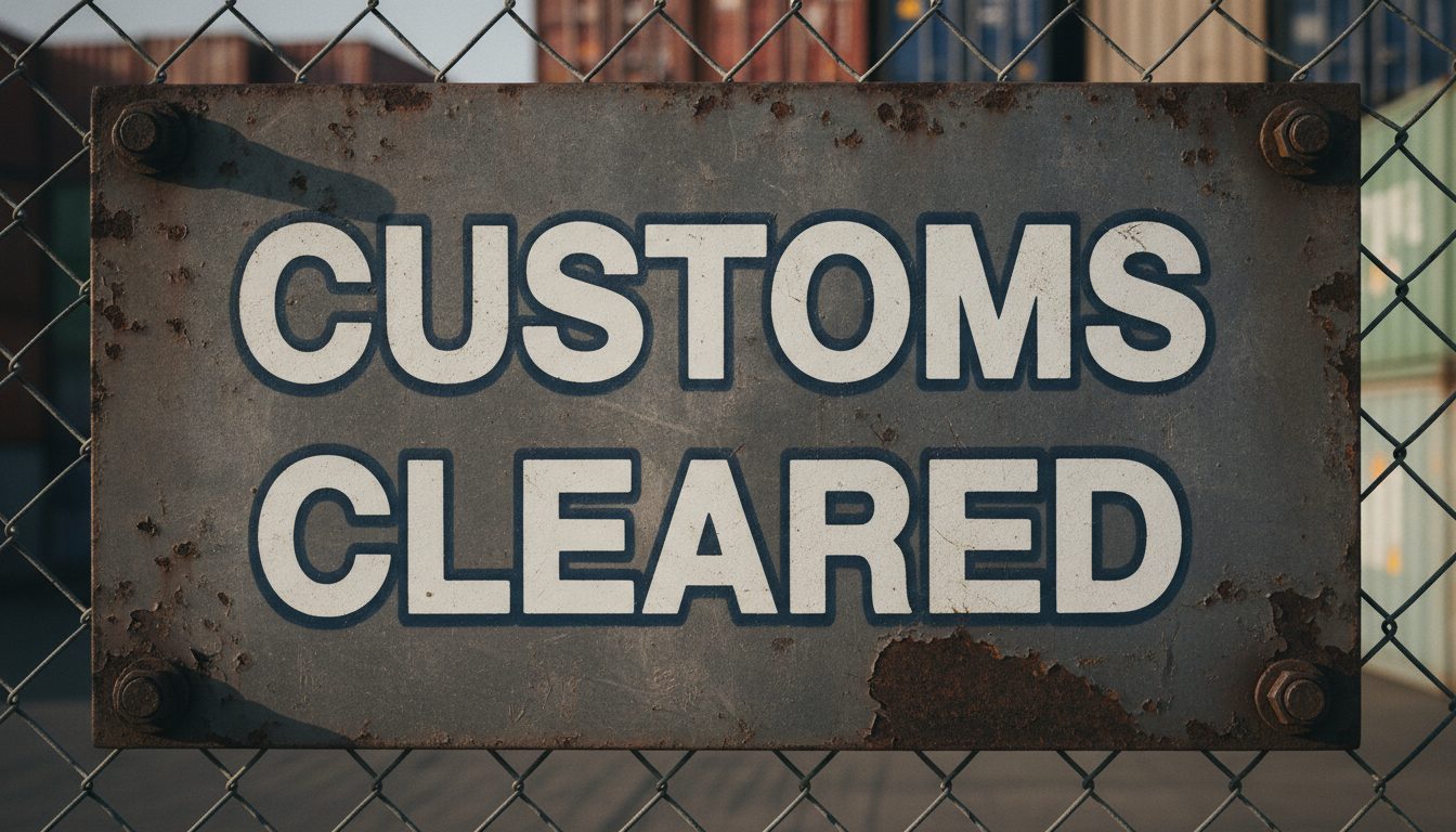 Customs cleared sign on a container terminal fence, marking sea freight cargo released by customs