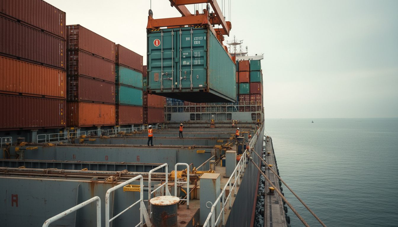 Shipping container lowered by gantry crane into the hold of a sea freight vessel at a container terminal