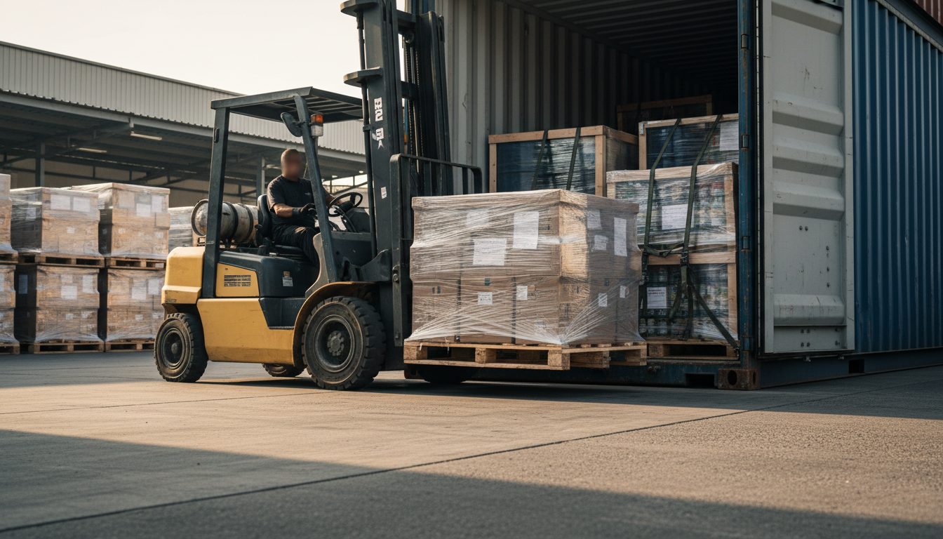 Forklift loading a shrink-wrapped pallet into a part-loaded shipping container for an LCL sea freight consignment