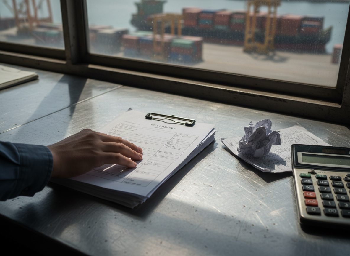 Bill of lading and shipping documents on a port office desk with a container terminal beyond the window