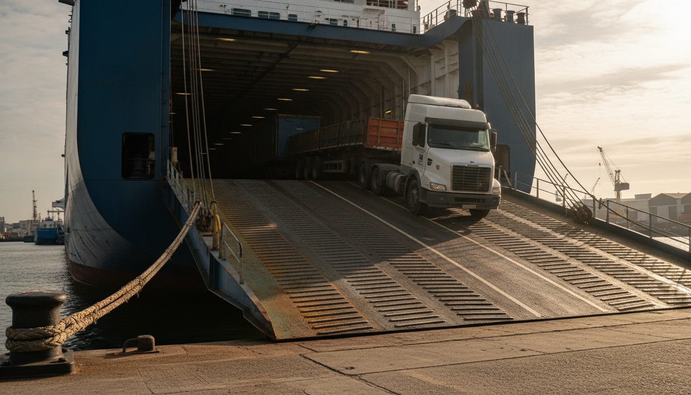Heavy truck driving up the stern ramp of a roll-on roll-off sea freight vessel